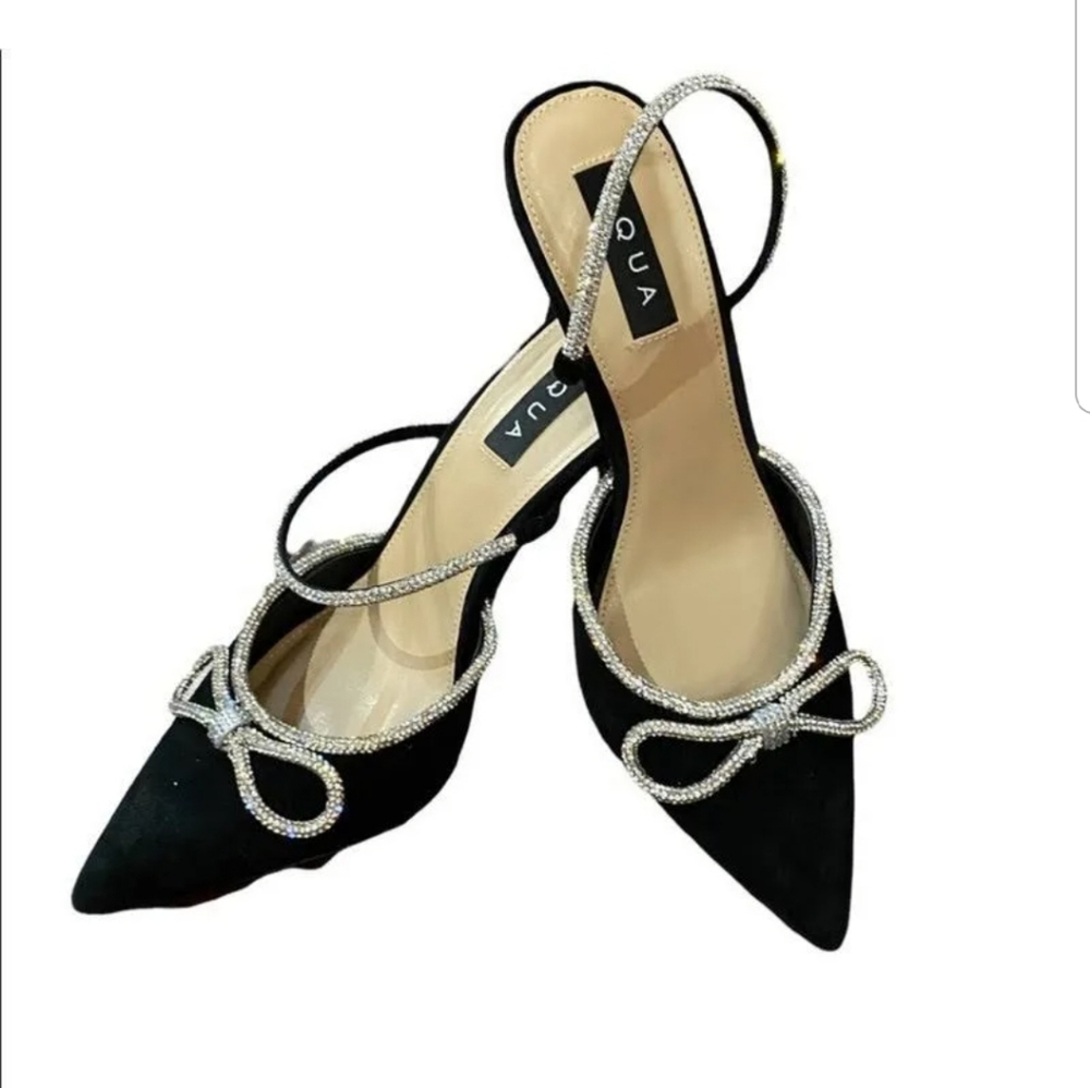 Aqua Brand Black Suede Elegant Bejeweled High Heels, black pumps, stilettos, 10